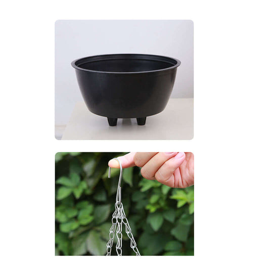 Black pot with chain hanger, quality affordable homeware for indoor and outdoor use, value furniture accessory for plants.