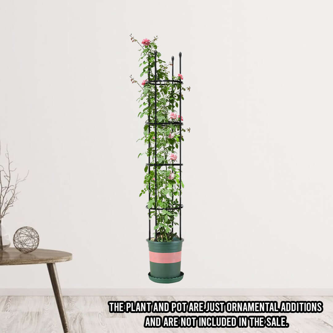 Tall metal plant trellis in a potted plant placed in a modern living space, note: the plant and pot are not included in the sale.