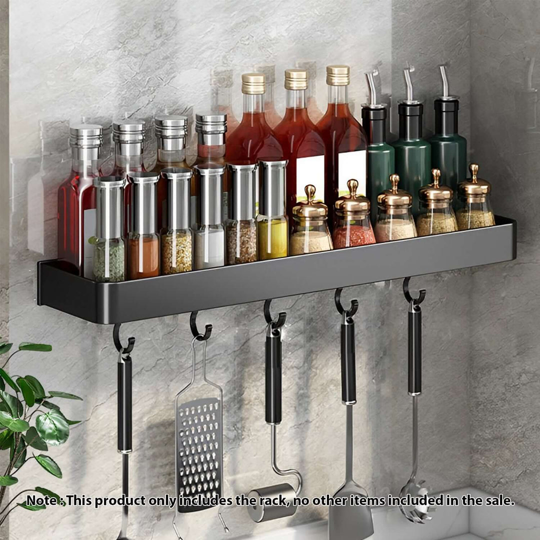 Affordable wall-mounted kitchen rack holding spice jars and bottles, perfect for organizing homewares and adding quality value furniture to your kitchen.