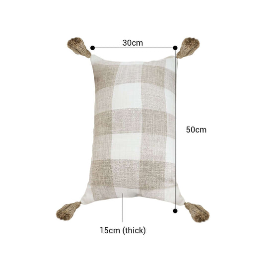 Quality affordable homewares - beige and white checkered pillow with tassels, dimensions 30cm x 50cm and 15cm thick, value furniture.