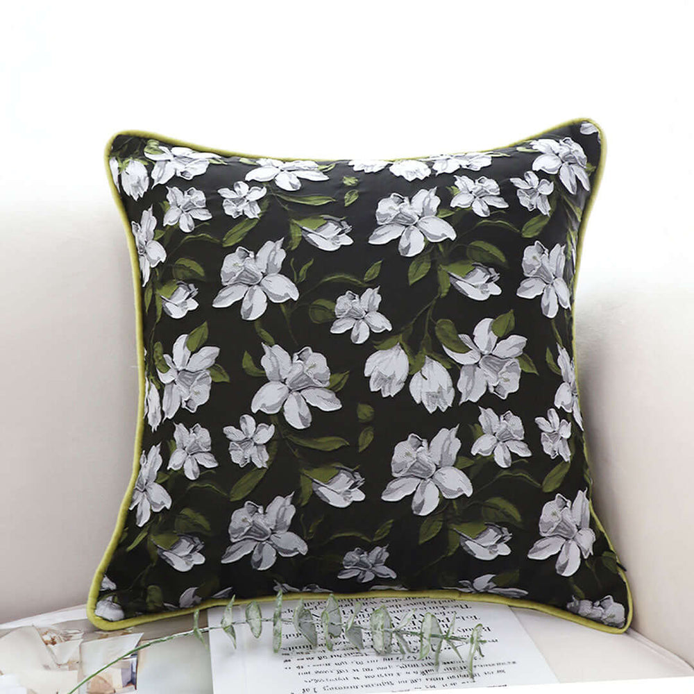 Affordable quality homewares black pillow with white floral design for value furniture and home decor.