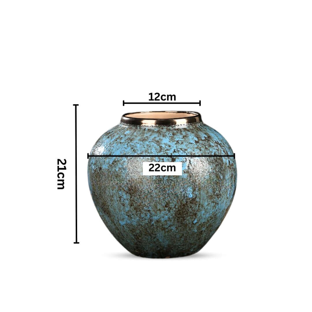 Blue and brown ceramic vase with dimensions 21cm high, 12cm top width, and 22cm middle width, ideal for affordable homewares and quality value furniture.