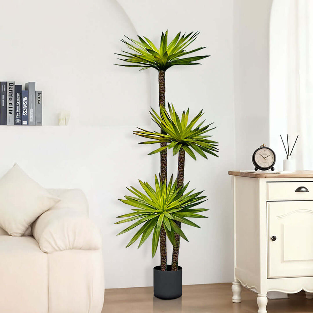 Modern living room with affordable quality homewares, including value furniture and a potted plant beside a comfortable sofa.