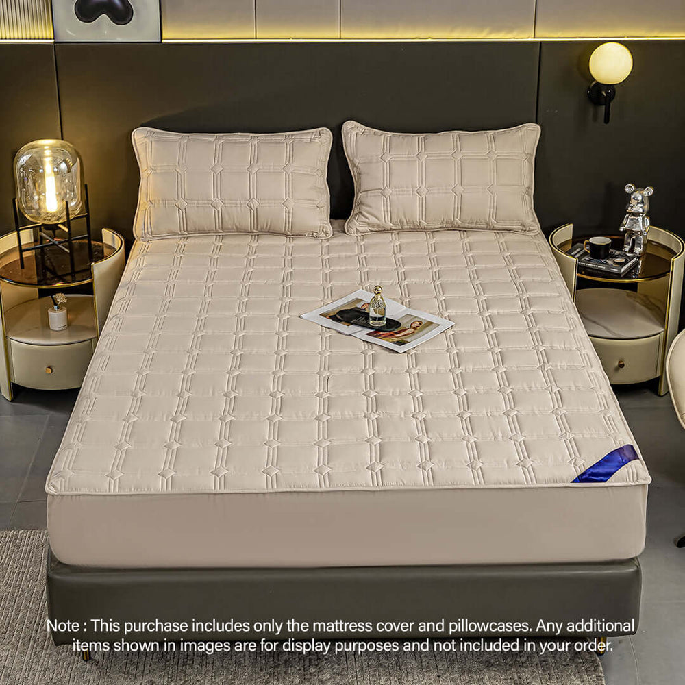 Affordable quality mattress cover and pillowcases on a modern bed, stylish homewares displaying great value furniture.