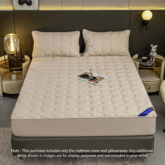 Affordable quality mattress cover and pillowcases on a modern bed, stylish homewares displaying great value furniture.