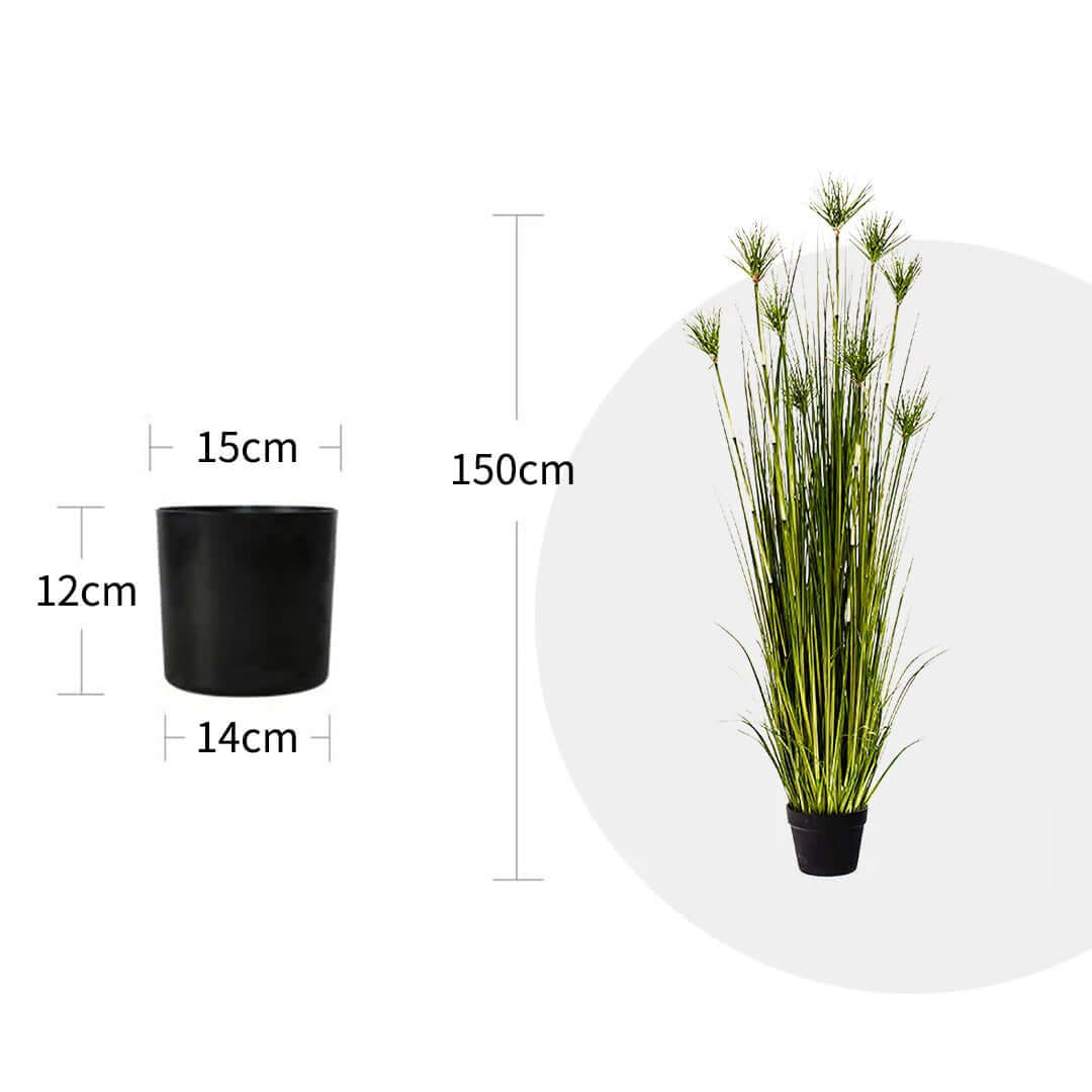 Artificial tall green grass plant in black pot with dimensions 150cm height and 15cm diameter, value furniture and affordable homewares