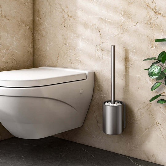 Modern bathroom with wall-mounted toilet and sleek stainless steel toilet brush holder, showcasing quality affordable homewares and value furniture.