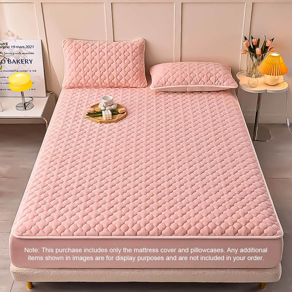 Affordable homewares quality pink mattress cover and pillowcases set on value furniture bed.