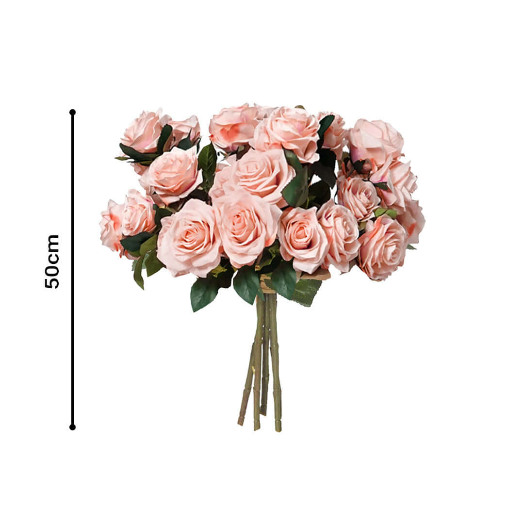 50cm bouquet of pink roses with green leaves