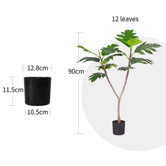 Artificial potted plant with 12 leaves and pot dimensions of 12.8cm height, 10.5cm base diameter, and 11.5cm top diameter.