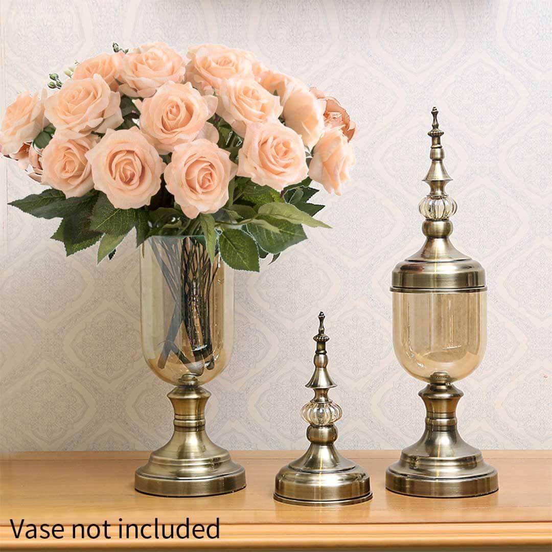 Affordable homewares - quality value furniture set with ornate metal displays and vase of pink roses (vase not included) placed on a wooden surface.