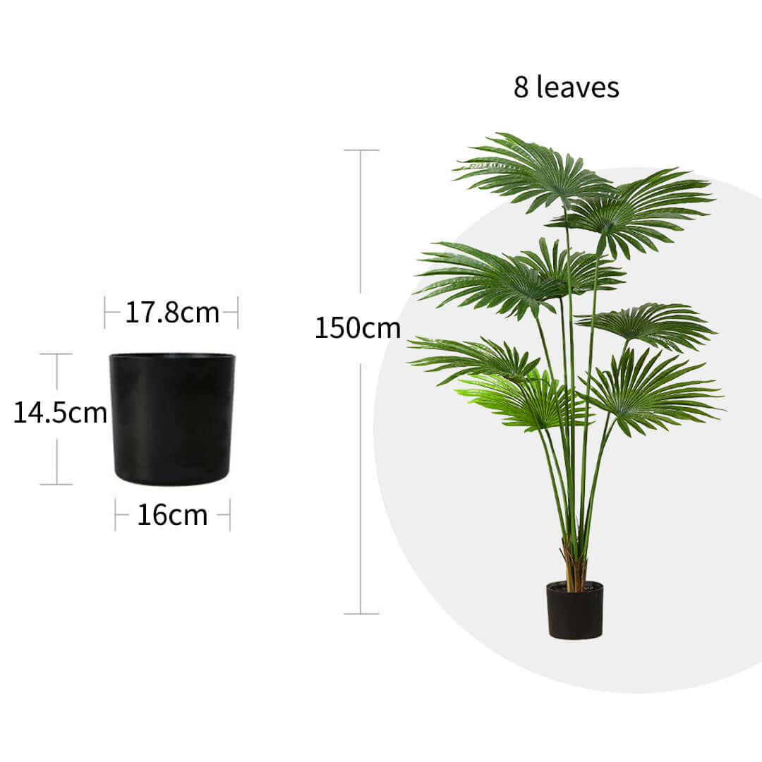 Artificial palm tree with 8 leaves, 150cm tall, in a black pot with dimensions 14.5cm height, 16cm diameter, and 17.8cm width.