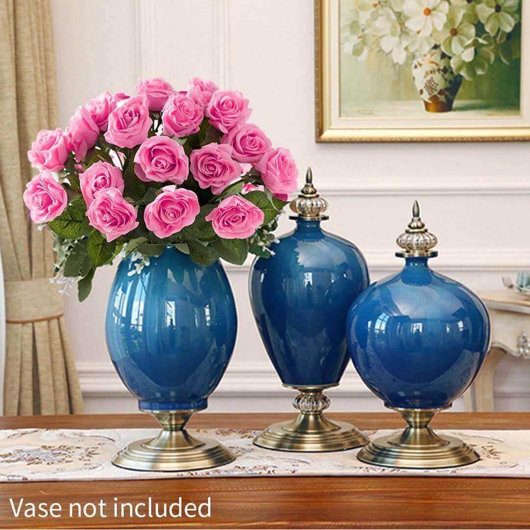 Pink Roses Arrangement in a Blue Vase with Lid, Affordable Quality Homewares and Value Furniture, Vase Not Included