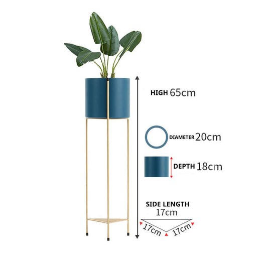 Affordable quality homewares and value furniture - 65cm gold plant stand with blue pot, dimensions: 20cm diameter, 18cm depth, 17cm side length.