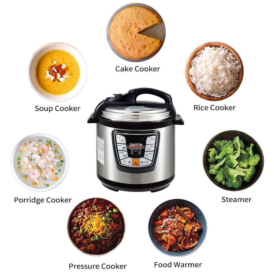 Multi-functional electric cooker for cake, soup, rice, porridge, pressure cooking, food warming, and steaming vegetables.