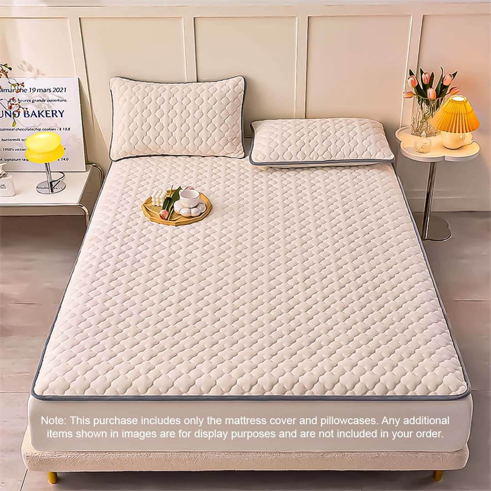 Affordable homewares - quality and value furniture: elegantly styled mattress cover and pillowcases set in a cozy, well-decorated bedroom.