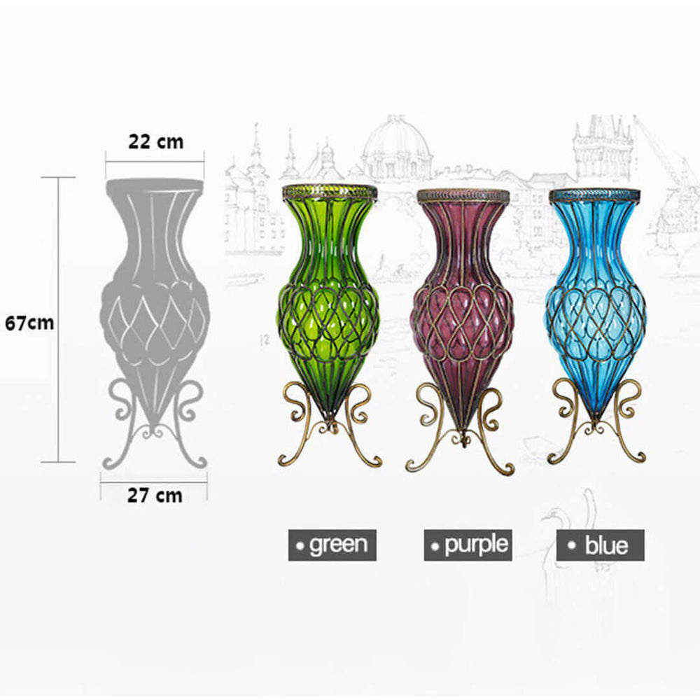 Affordable quality homewares - elegant green, purple, and blue vases with intricate designs and dimensions of 67cm height, 22cm width, 27cm depth.