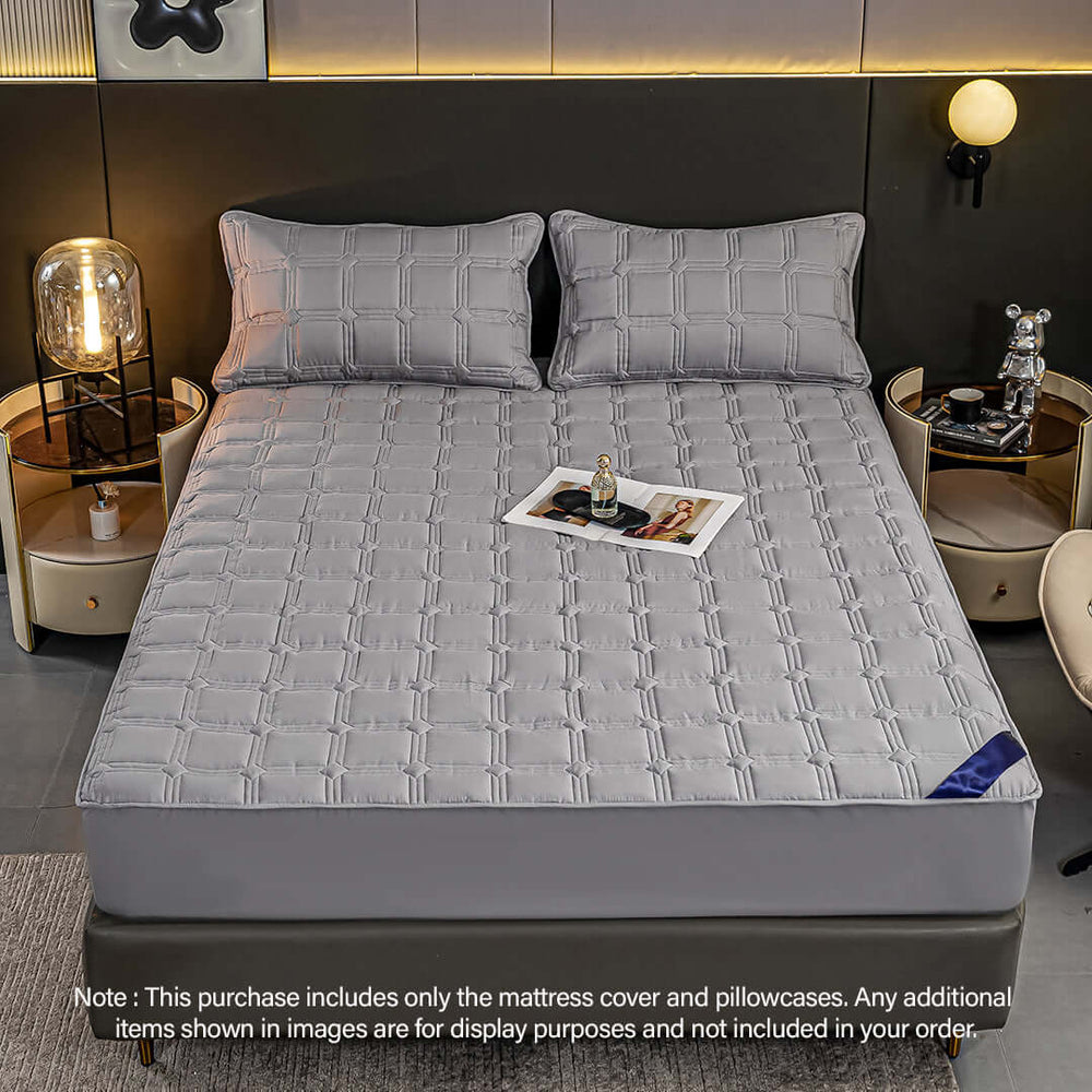 Affordable and quality homewares grey mattress cover and pillowcases showcasing value furniture bedroom setting.