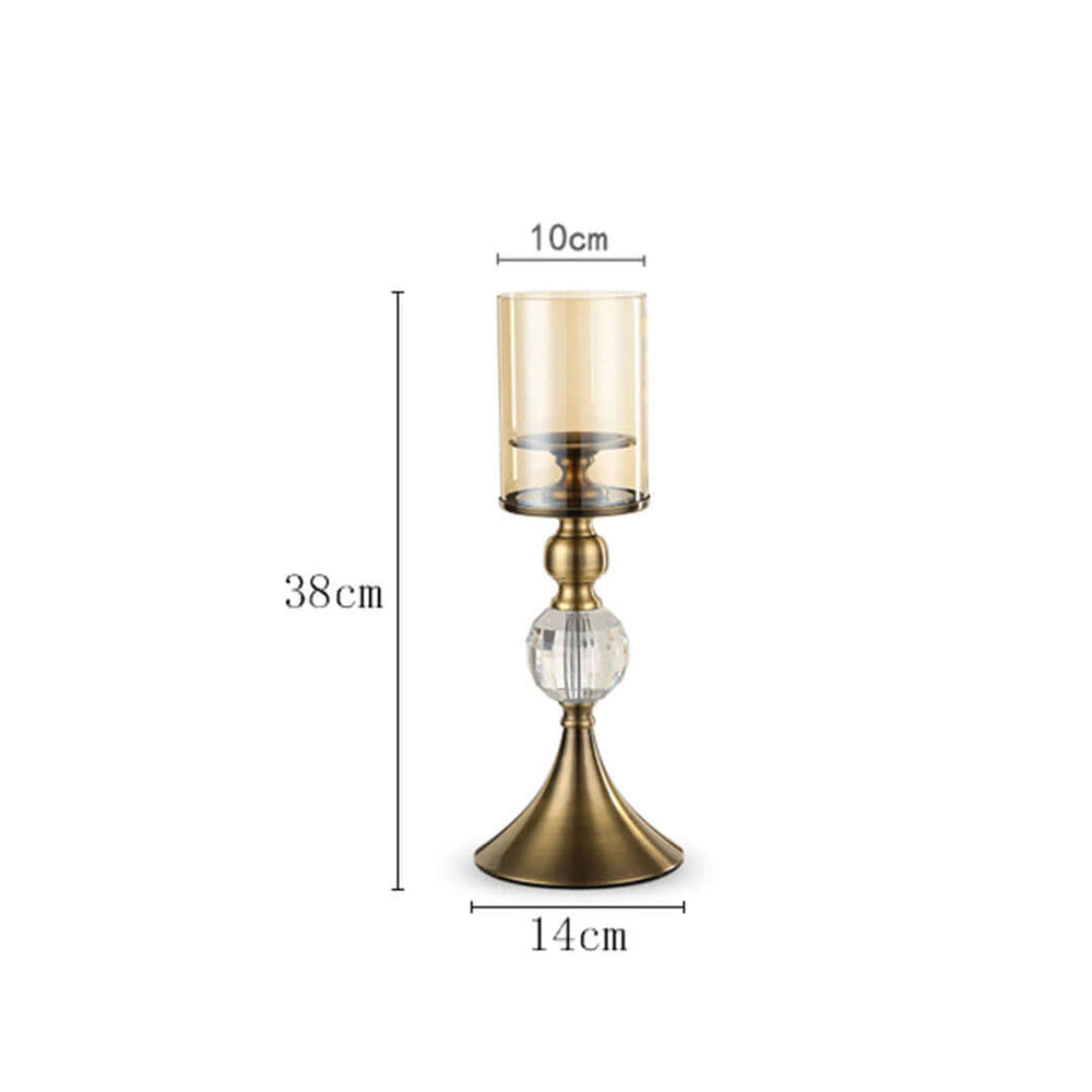 Affordable quality homewares - elegant 38cm brass candle holder with glass cover, dimensions 14cm base and 10cm top. Value furniture accessory.