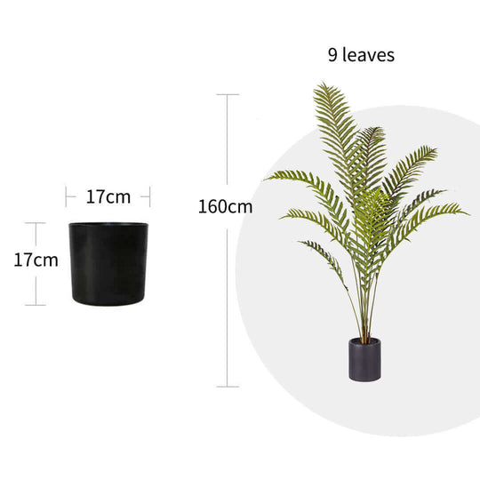 Artificial palm plant with 9 leaves in a 17cm pot, standing 160cm tall - affordable homeware for quality value furniture.