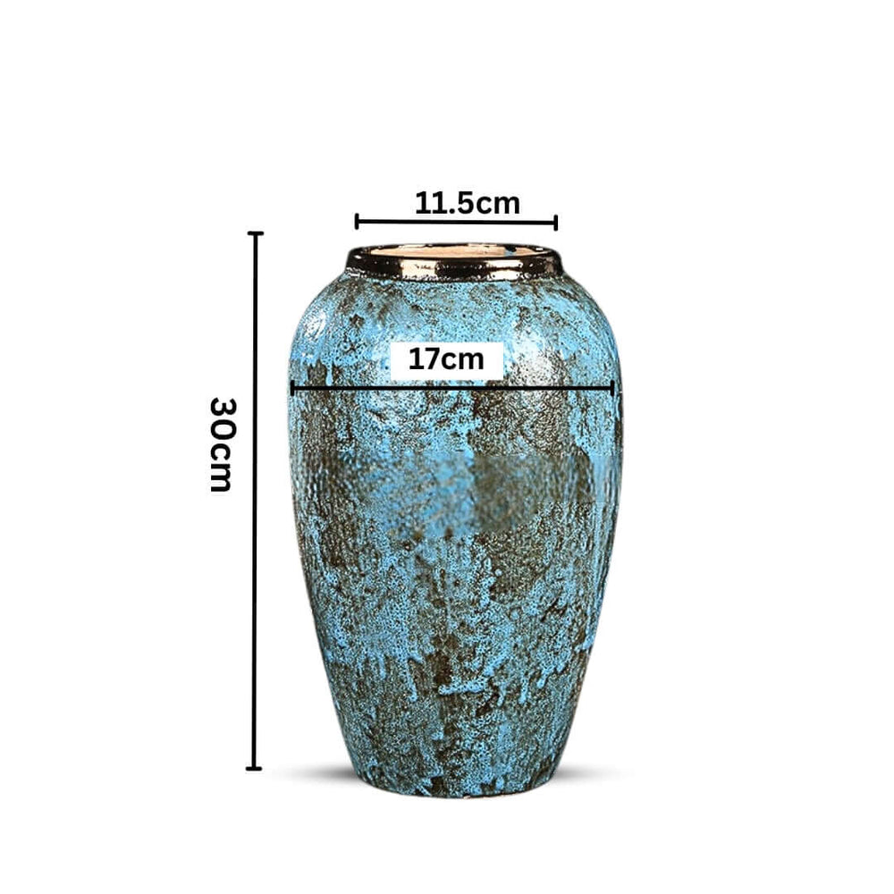 Affordable quality value furniture blue textured vase, dimensions 30cm height, 17cm width, and 11.5cm top diameter.