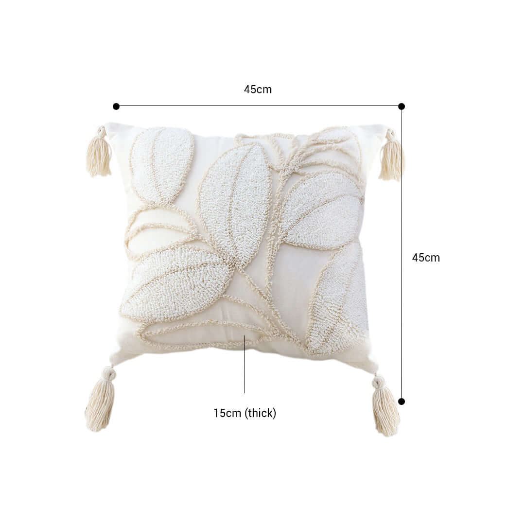 Affordable quality homewares - white decorative cushion with tassels and leaf design, 45cm x 45cm x 15cm, value furniture accessory.