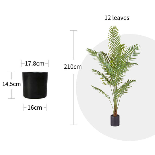 Artificial palm plant with 12 leaves, 210cm height. Black pot dimensions 17.8cm diameter, 16cm diameter and 14.5cm height.