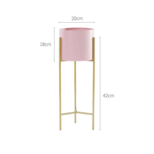 Pink planter on gold stand - affordable quality homewares and value furniture for modern interiors, dimensions 20cm by 18cm by 42cm