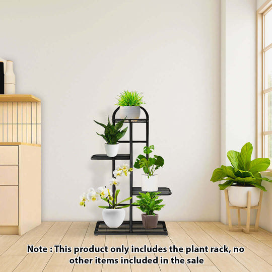 Modern black plant rack with multiple potted plants on display, providing affordable and quality homewares for value furniture enthusiasts