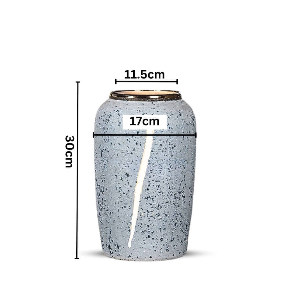 Ceramic decorative vase with dimensions of 30cm height, 11.5cm top diameter, and 17cm width, in a speckled blue-gray design.