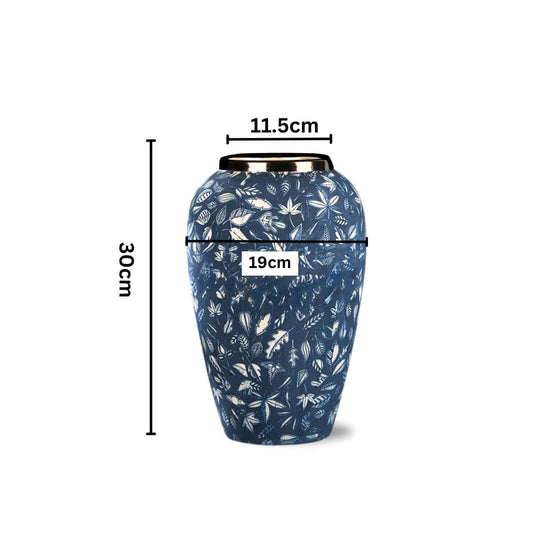 Affordable blue floral vase measuring 30cm in height, 11.5cm in diameter at top, and 19cm at widest point - quality homeware for value furniture