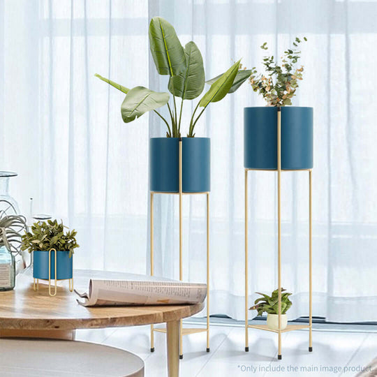 Stylish affordable homewares featuring blue planters with gold stands, perfect for adding quality and value to your furniture and decor.