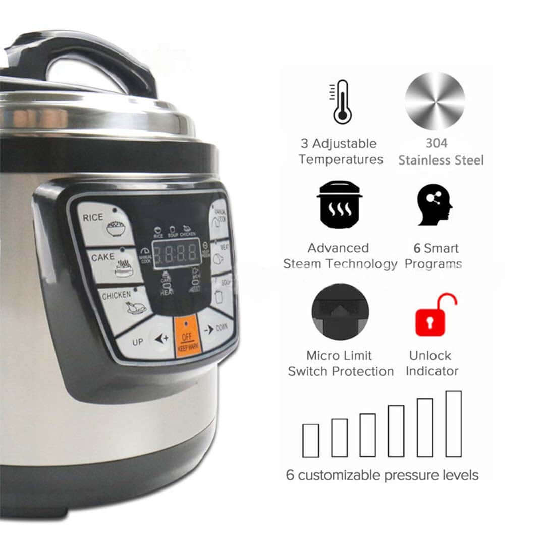 Affordable and quality stainless steel pressure cooker with adjustable temperatures, 6 smart programs, and advanced steam technology for homewares and value furniture.