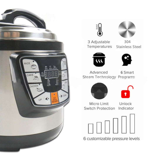 Affordable and quality stainless steel pressure cooker with adjustable temperatures, 6 smart programs, and advanced steam technology for homewares and value furniture.