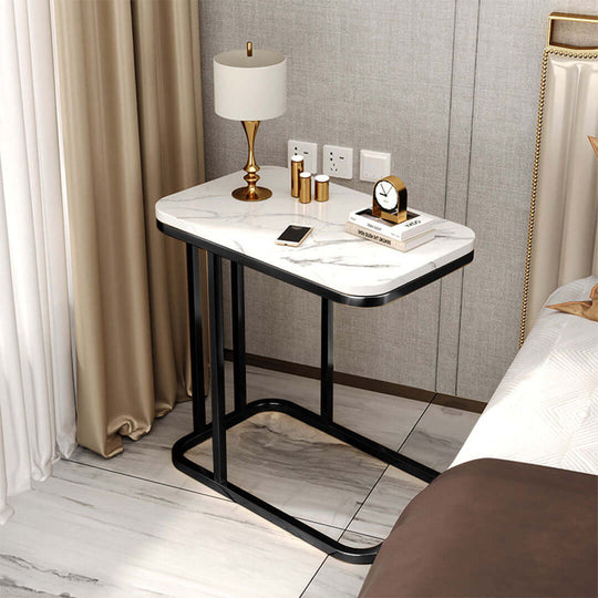 Affordable, quality homeware bedside table with a marble top and black metal frame, offering value furniture for modern bedroom decor.