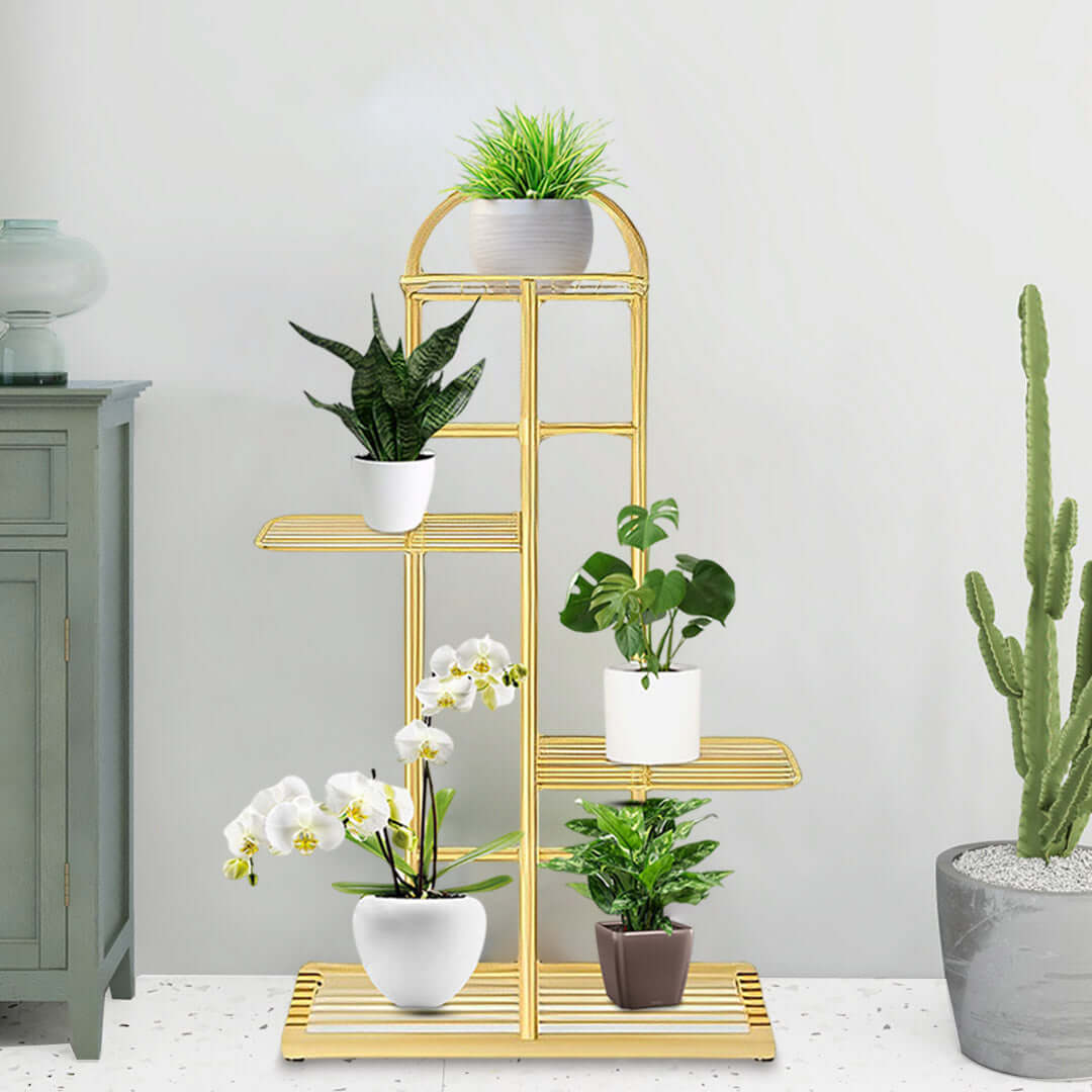 Affordable homewares: Elegant gold plant stand showcasing quality value furniture for displaying indoor plants neatly and stylishly