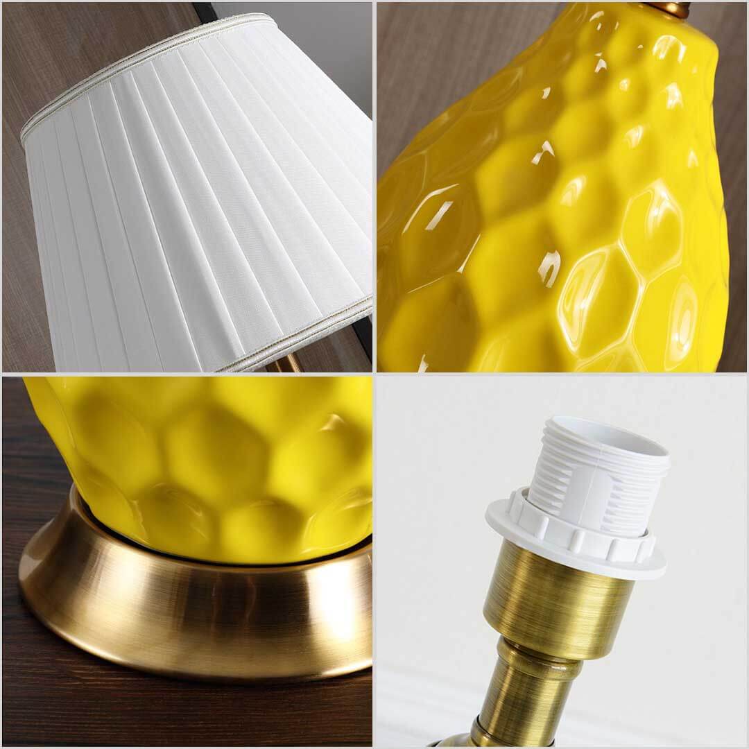 Affordable quality homeware featuring a stylish yellow lamp with honeycomb texture and value furniture accessories.