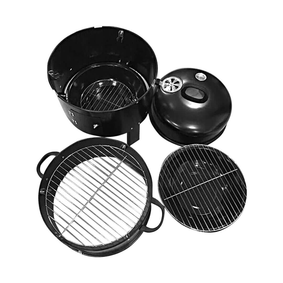 Affordable quality homewares value furniture, black charcoal grill with various parts separated.