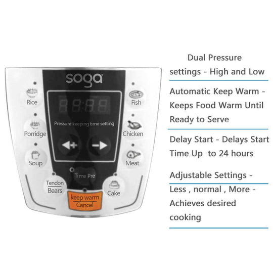 Soga electric pressure cooker settings display with dual pressure, keep warm, delay start, and adjustable settings for precise cooking.