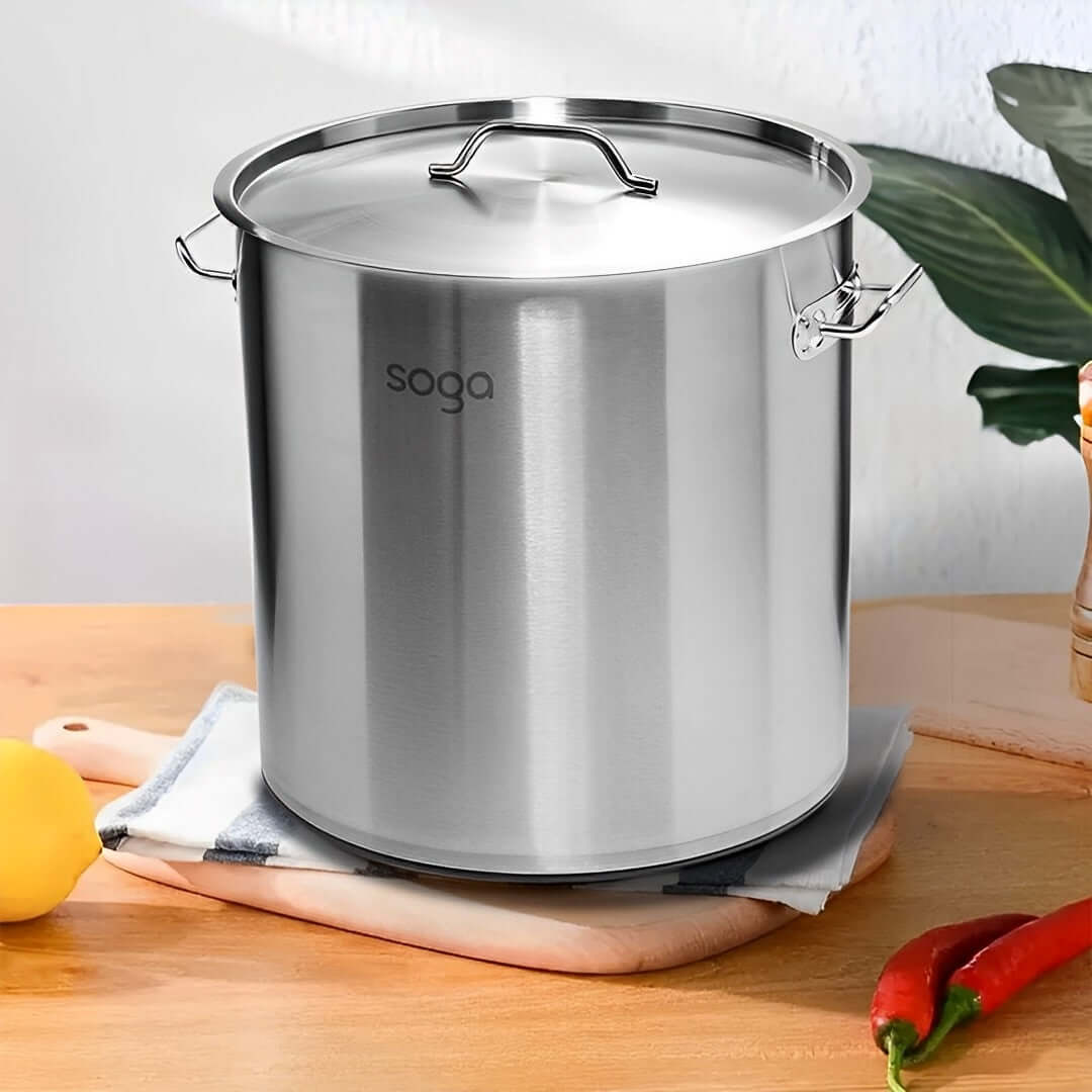 Stainless steel stock pot on kitchen counter with fresh vegetables, showcasing affordable quality homeware and value furniture for every home.