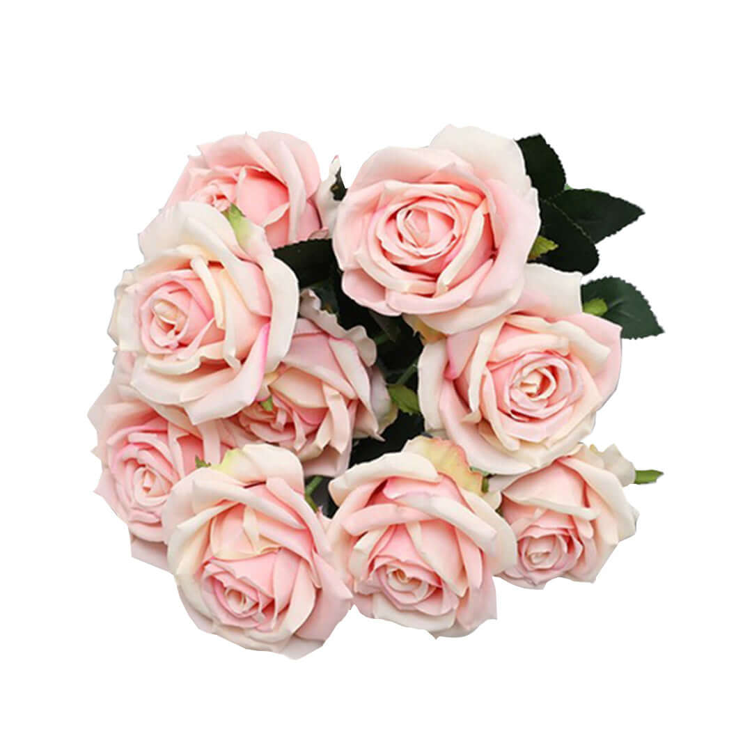 Bouquet of pink roses arranged beautifully with green leaves