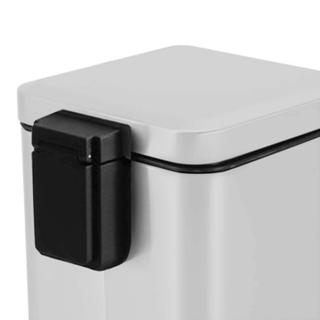 Affordable quality homewares - compact, value furniture white trash bin with black clip detail for modern living spaces