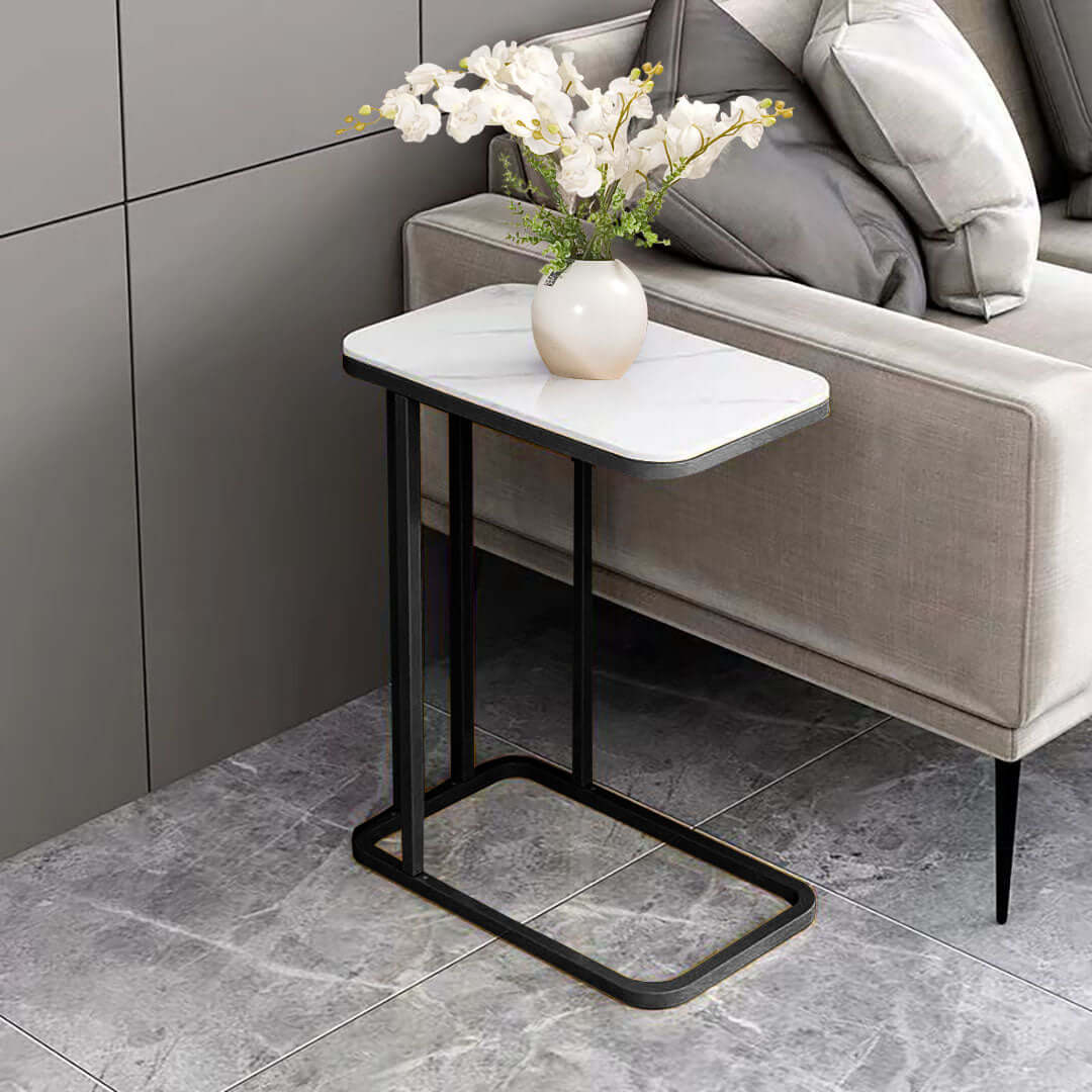 Stylish and affordable homewares side table with white top and black legs, offering quality and value furniture for any living space.