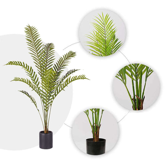 Affordable quality value furniture with a focus on homewares, showcasing a potted artificial green plant with detailed close-ups of its leaves and stems.