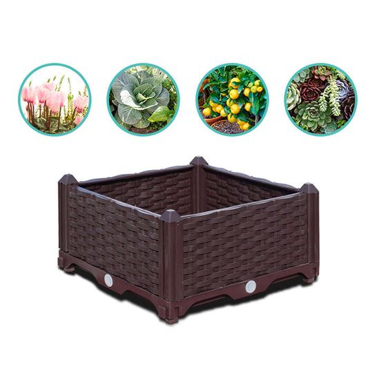 Affordable quality homewares and value furniture - brown wicker garden planter box with surrounding images of plants and vegetables.