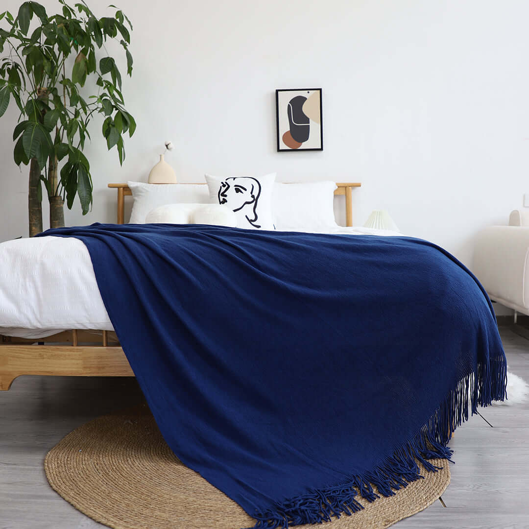 Blue blanket on bed with white linens, minimalist wall art, and green plant in modern, affordable homewares setup. Quality value furniture.