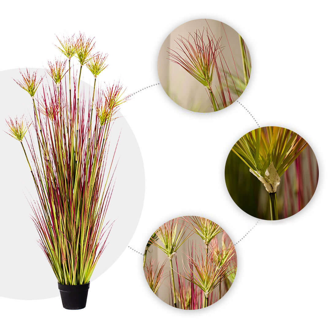 Affordable quality homewares - detailed view of tall artificial plant in black pot, showcasing close-up of vibrant green and red leaves.