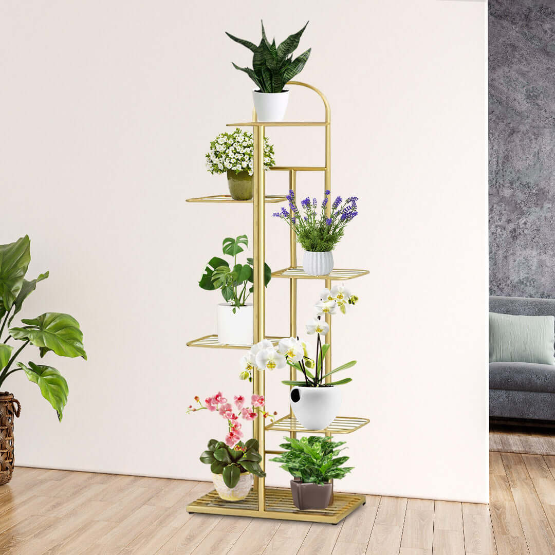 Stylish multi-level plant stand displaying various potted plants in a modern living room, showcasing affordable and quality homewares and value furniture.