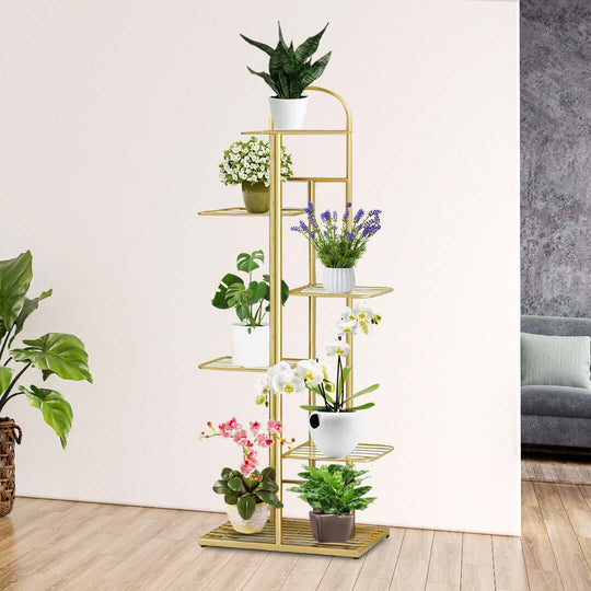 Stylish multi-level plant stand displaying various potted plants in a modern living room, showcasing affordable and quality homewares and value furniture.