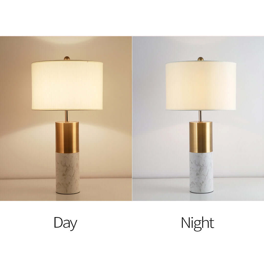 Modern table lamp with white shade and golden base displayed in daytime and nighttime lighting. Affordable homewares and quality value furniture.